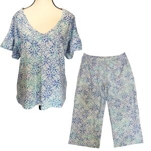 Lauren Ralph Lauren Turquoise Blue Pajama Set Capri Pants Ruffle Top Sz M
